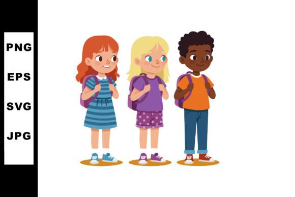 Diverse School Children Standing with Ba Graphics and Illustrations Review