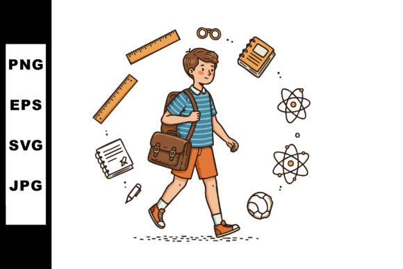 Schoolboy Walking with Bag and Science E: Graphics for Education Illustrations